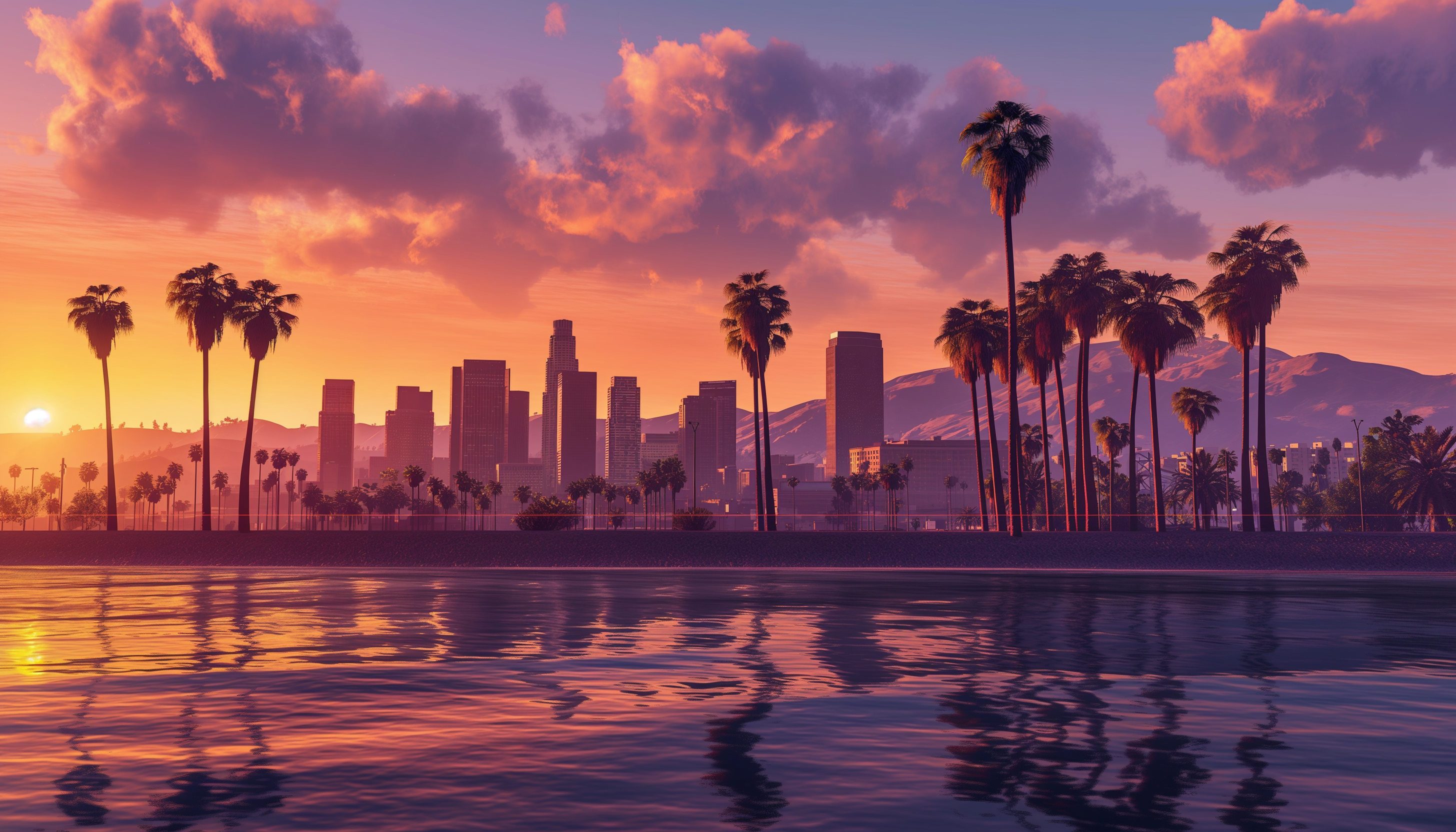 Los Santos skyline, a mix of city buildings, palm trees and water.